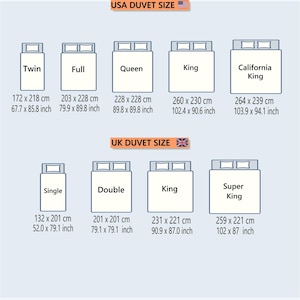 May include: Diagram showing USA and UK duvet sizes. USA sizes include Twin (67.7 x 85.8 inches), Full (79.9 x 89.8 inches), Queen (89.8 x 89.8 inches), King (102.4 x 90.6 inches), and California King (103.9 x 94.1 inches). UK sizes include Single (52.0 x 79.1 inches), Double (79.1 x 79.1 inches), King (90.9 x 87.0 inches), and Super King (102 x 87 inches).