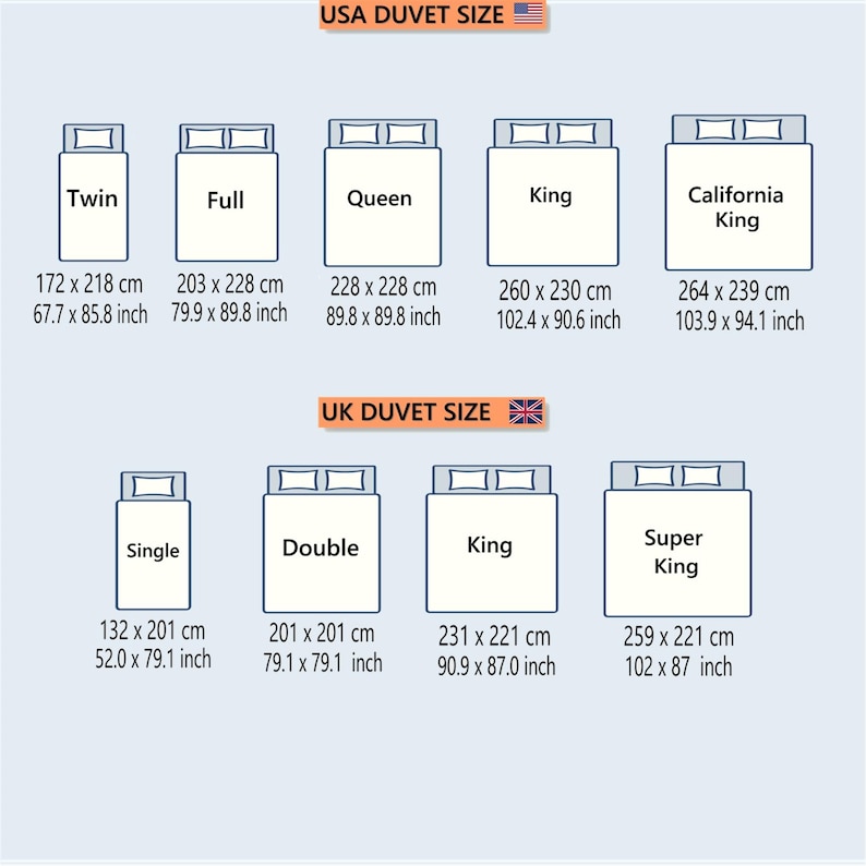 May include: Diagram showing USA and UK duvet sizes. USA sizes include Twin (67.7 x 85.8 inches), Full (79.9 x 89.8 inches), Queen (89.8 x 89.8 inches), King (102.4 x 90.6 inches), and California King (103.9 x 94.1 inches). UK sizes include Single (52.0 x 79.1 inches), Double (79.1 x 79.1 inches), King (90.9 x 87.0 inches), and Super King (102 x 87 inches).