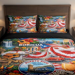 May include: A colourful bed set with a Puerto Rican theme. The design includes musicians, dancers, a vintage car, and the text "Boricua" and "Puerto Rico". The set includes a duvet cover and two pillowcases.