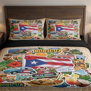 May include: Bedding set with a beige comforter and two pillowcases. The design features a Puerto Rican flag, vintage car, tropical flowers, and the word "Boricua". The set is on a wooden bed frame.
