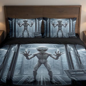 May include: A bedding set featuring a gray alien in a futuristic setting. The duvet cover and pillowcases display the alien with outstretched arms. The design includes a computer screen with text and a black bedsheet.