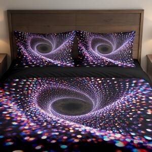 May include: A bedding set featuring a black duvet cover and two pillowcases. The design showcases a swirling vortex pattern in shades of purple, blue, and white, creating a mesmerizing effect. The bed is set against a wooden headboard.