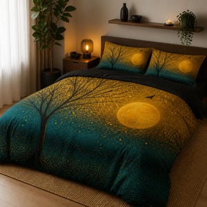 May include: A bedding set featuring a duvet cover and two pillowcases with a dark teal and gold gradient design. The pattern displays a large golden moon, silhouettes of bare trees, and small flying birds against a speckled, starry night sky.