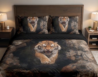 African Tiger In Cave 3 Piece Duvet Bedding Set With Pillows Case Bed Set