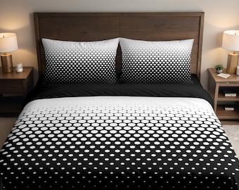 Juego de cama de funda nórdica y funda de almohada con estampado degradado de lunares en blanco y negro