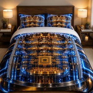 May include: A bedding set featuring a duvet cover and two pillowcases with a high-resolution print of a complex golden computer processor surrounded by intricate blue circuitry and metallic pipes, creating a futuristic technological aesthetic.