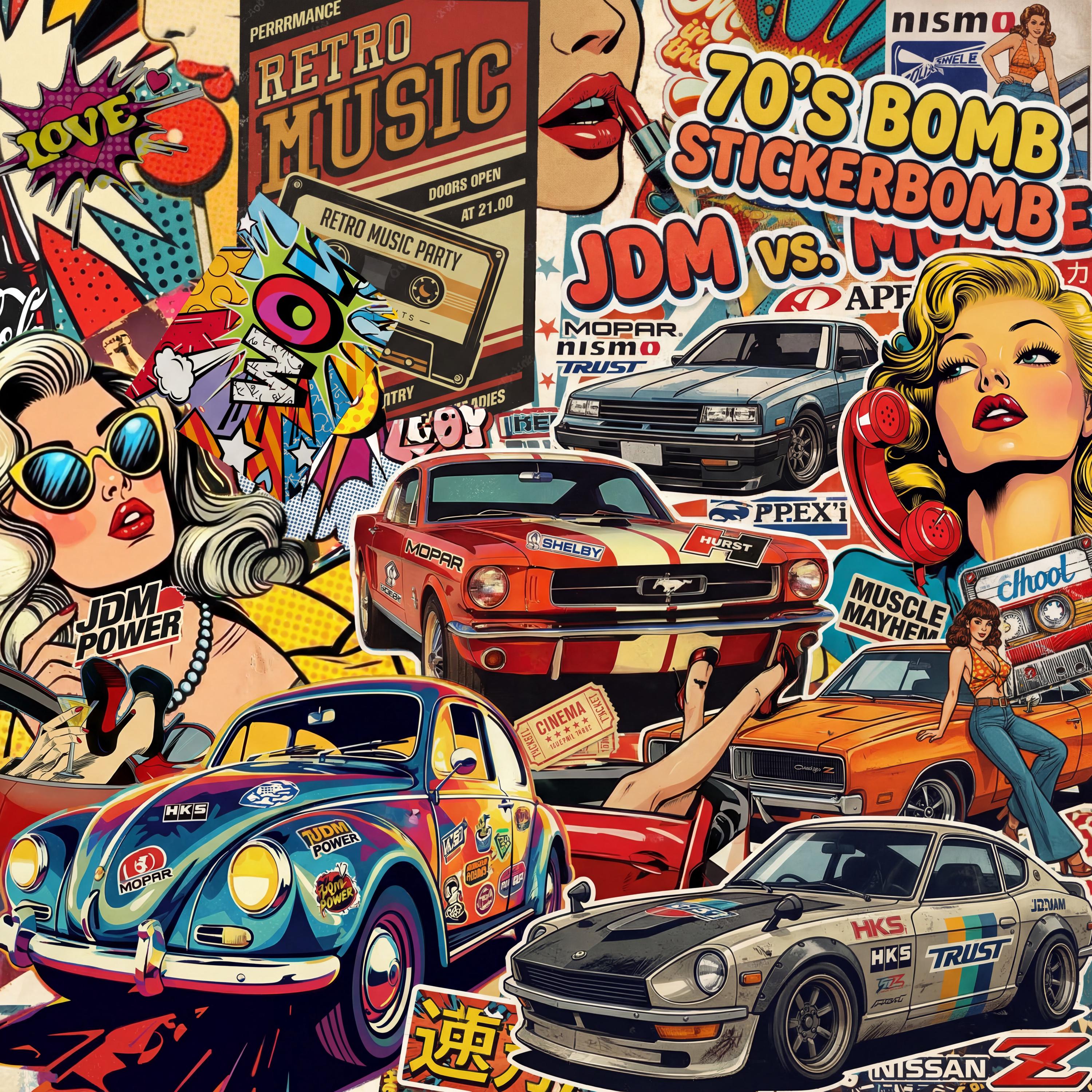 Collage Retro Cars JDM Muscle 70s Stickerbomb Duvet Cover & Pillowcase ...
