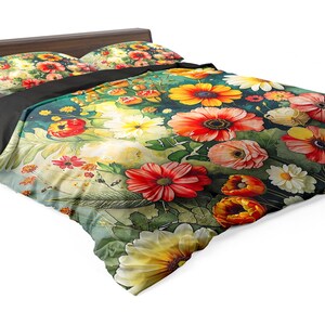 May include: A bed with a dark wooden frame, featuring a floral-patterned duvet cover and two matching pillowcases. The bedding showcases a vibrant design of red, yellow, and white flowers against a green background, creating a colorful and inviting aesthetic.