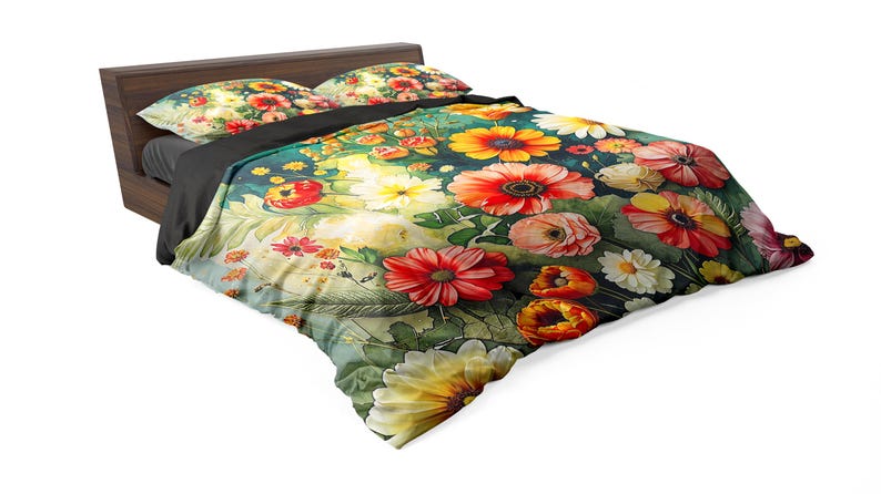 May include: A bed with a dark wooden frame, featuring a floral-patterned duvet cover and two matching pillowcases. The bedding showcases a vibrant design of red, yellow, and white flowers against a green background, creating a colorful and inviting aesthetic.