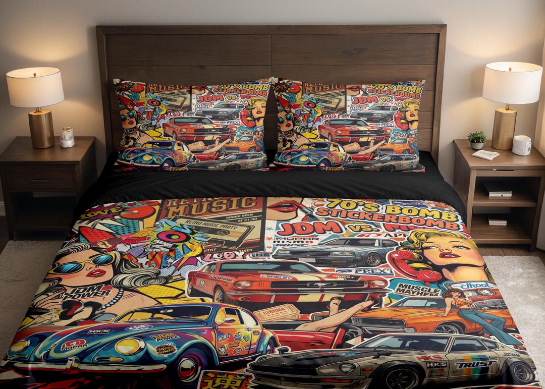 Collage Retro Cars JDM Muscle 70s Stickerbomb Duvet Cover & Pillowcase ...