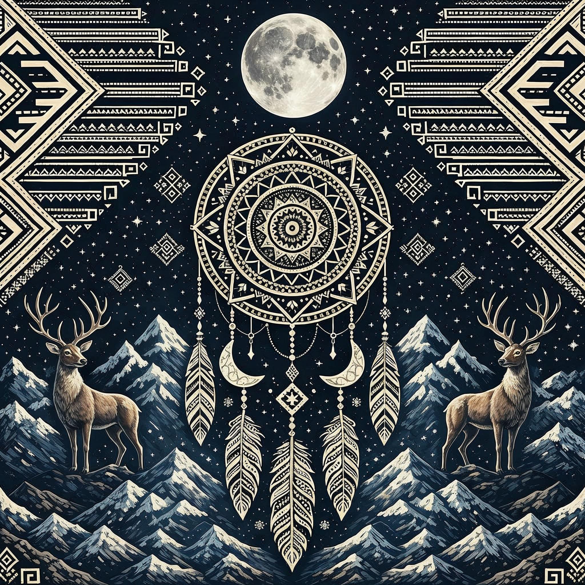Aztec Mpointains Native Indian American Aztec Art Dreamcatcher Mountains Night Moon ...