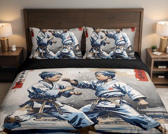 Japanese Style Karate Fighters Great Wave Style Art Duvet Cover / 2 Pillows Case Bed Set (Twin,Full,Queen,King,California King)