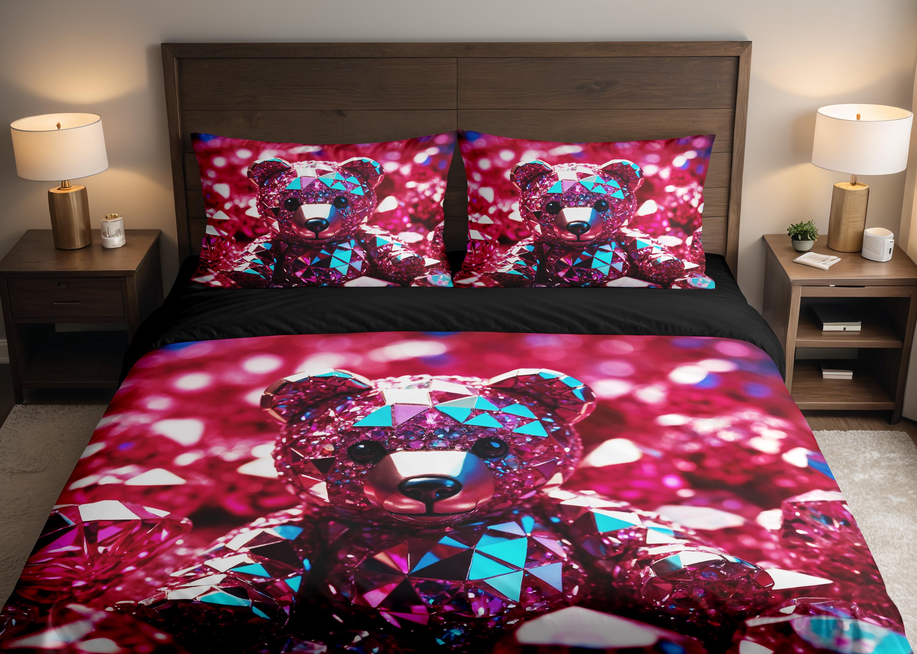 Classy Diamond Red Teddy Bear Art Duvet Cover & Pillowcase Bed Set