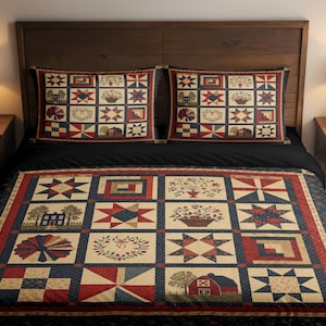 May include: A quilt and two matching pillow shams featuring a patchwork design with cream, navy blue, and red squares. The pattern includes star motifs, a red barn, a house, floral baskets, and geometric shapes separated by dark blue sashing.