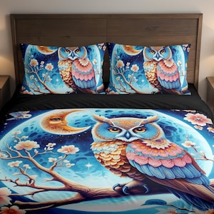 Unique Owl In Moon light On Branch 3 Piece Duvet Bedding Set With Pillows Case Bed Set (Twin,Full,Queen,King,California King)