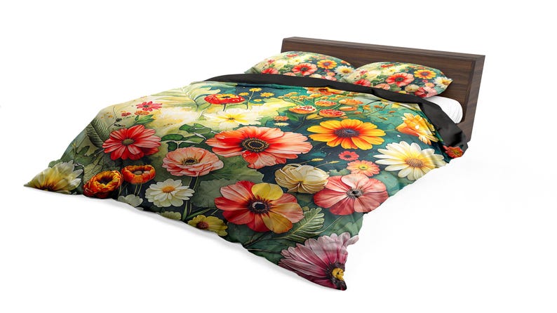 May include: A bed with a floral duvet cover and two matching pillowcases. The bedding features a colorful design of red, yellow, and white flowers on a green background. The bed frame is made of dark wood.