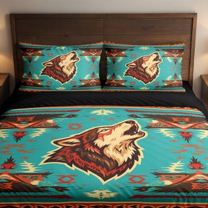 May include: A turquoise and black bedding set featuring a howling wolf design. The set includes a comforter and two pillowcases with a wolf head graphic. The comforter and pillowcases have a Native American-inspired geometric pattern in shades of brown, orange, and red.