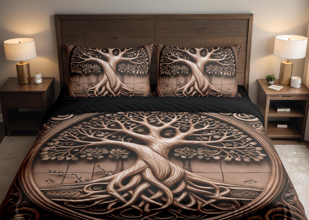 Viking Celtic Tree of Life Roots Wood Carving Art Duvet Cover/2 Pillows ...