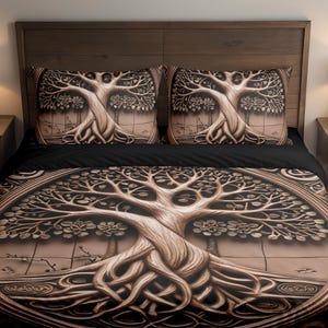 May include: A brown and black bedding set featuring a detailed tree design. The set includes a duvet cover and two pillowcases, all with a repeating tree motif. The tree has intertwined roots and branches, creating a nature-inspired theme. The bedding is displayed on a wooden bed frame.