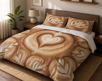 Coffee Lover Duvet Cover Set: Pillowcase Heart Latte Art Cappuccino Fan Espresso Barista Bedding Decor Café Aesthetic Bedding (3 - Piece)