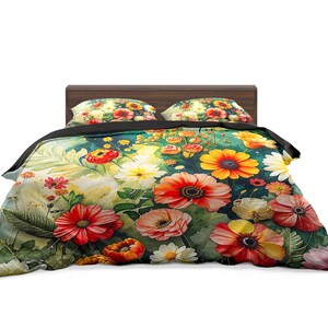 May include: A bed with a floral duvet cover and two matching pillowcases. The bedding features a vibrant design of red, orange, yellow, and pink flowers against a dark green background. The bed frame is a dark brown color.