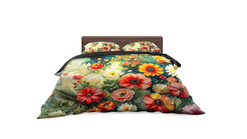 May include: A bed with a floral duvet cover and two matching pillowcases. The bedding features a vibrant design of red, orange, yellow, and pink flowers against a dark green background. The bed frame is a dark brown color.