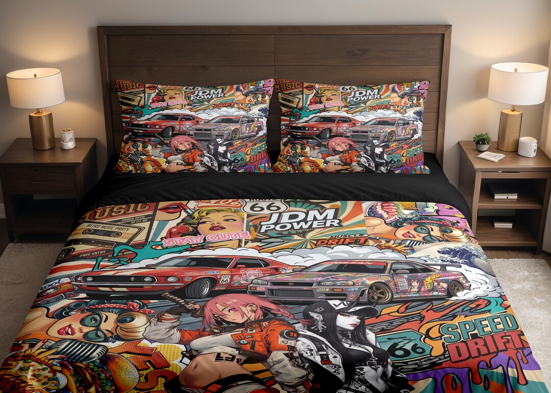 Collage JDM Muscle Cars Retro 70s Sticker Bomb Duvet Cover & Pillowcase ...
