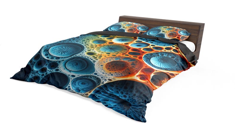 Pu&ograve; includere: Un letto con testiera in legno scuro, con copripiumino e due federe. La biancheria da letto presenta un vivace motivo astratto nei toni del blu, arancione e giallo, che ricorda una struttura cellulare o organica.