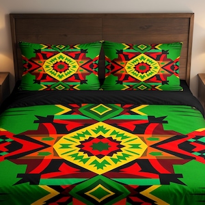 May include: A bedding set featuring a duvet cover and two pillowcases with a vibrant geometric pattern in green, red, yellow, and black. The design consists of repeating diamond and star shapes centred on the fabric, creating a bold, symmetrical visual display across the entire surface of the bed linens.