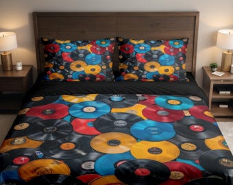 Juego de cama con funda nórdica y funda de almohada de la colorida colección de discos de vinilo fotográficos