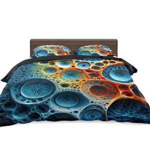 Pu&ograve; includere: Un letto con testiera in legno e biancheria da letto con un vivace design astratto. Il motivo include grandi forme circolari blu con dettagli intricati, su uno sfondo di tonalit&agrave; arancioni, gialle e blu scuro. Due federe abbinate completano il set.