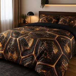 Turtle Shell Duvet Cover Set: Pillowcase Premium Hexagonal Metallic Textured Geometric Marble Luxury Art Deco Modern Glam Bedding (3-Piece)