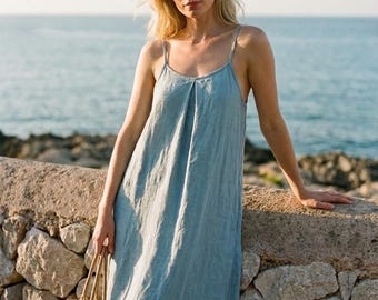 Linen Sundress, Strappy Maxi Dress, Relaxed Fit Linen Dress, Flowy Ruffle Hem Dress, Minimalist Holiday Outfit