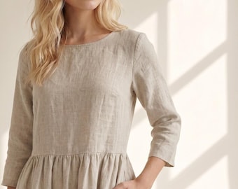 Linen Midi Dress with Three Quarter Sleeves, Side Pockets and Gathered Waist for Everyday Summer Style