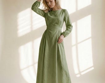 White Linen Maxi Dress, Long Sleeve Linen Dress, Tie Back Waist Dress, Minimalist Modest Dress, Elegant Bridal Shower Outfit
