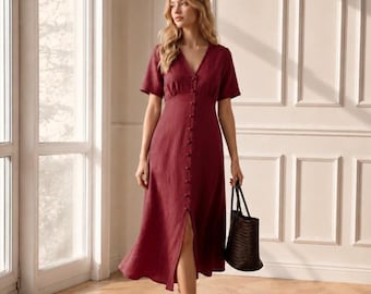 Linen Midi Dress with V Neck, Short Sleeves, Front Buttons and Back Tie Waist for Summer Vacation