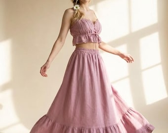 Boho Linen Maxi Skirt, Romantic Tiered Linen Skirt, High Waist Flowy Skirt, Linen Vintage Skirt, Summer Linen Outfit