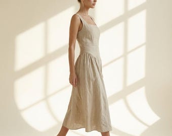 Linen Sundress, Sleeveless Midi Dress, Square Neck Dress with Lace Up Back, Feminine Linen Dress, Resort Summer Dress