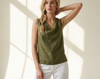 Linen Tank Top, Sleeveless Summer Blouse, Back Button Linen Top, Minimal Loose Fit Shirt, Casual Linen Wear