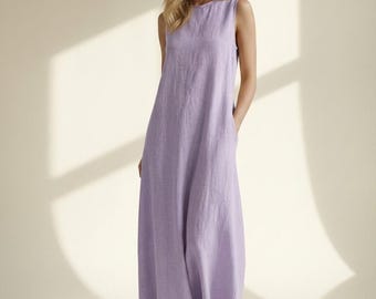 Sleeveless Linen Maxi Dress, Minimalist Summer Dress, Loose Natural Linen Clothing, Elegant Casual Dress