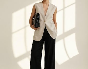 Linen Vest Top, Sleeveless V Neck Blouse, Minimalist Linen Waistcoat, Tailored Summer Top, Elegant Linen Clothing