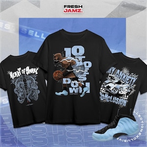 Air Foamposite Psychic Blue Shirt Kollektion, Blau Schwarz Grafik T-Shirt, Unisex T-Shirt Match Sneaker