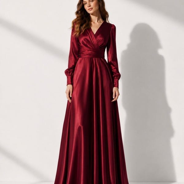 Elegantes Satinkleid, weinrotes, bodenlanges Kleid mit V-Ausschnitt und langen Ärmeln, zeitlose Abendgarderobe für Damen