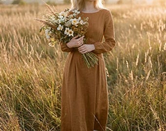 Linen Maxi Dress, Long Sleeve Dress with Bow Back, Minimalist Linen Occasion Dress, Modest Elegant Summer Outfit