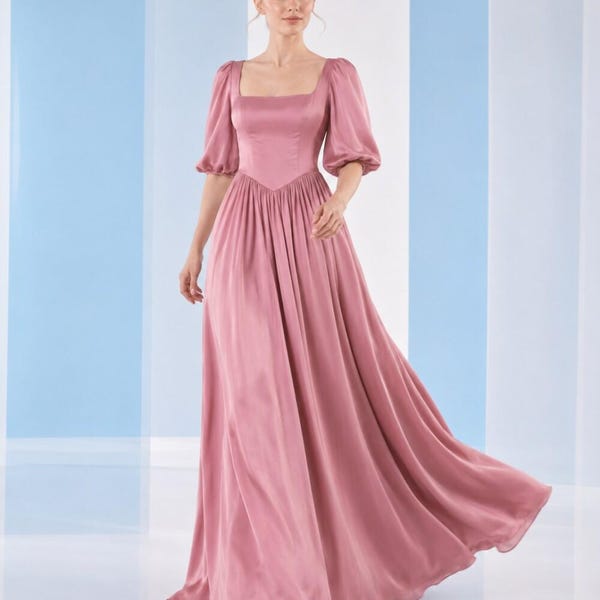Maxikleid aus Seidensatin, eckiger Ausschnitt, Puffärmel, Schnürung am Rücken – ideal für Brautjungfern, Hochzeitsgäste und festliche Anlässe