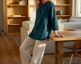 Minimalist Linen Blouse, Relaxed Split Neck Top, Oversized 3 4 Sleeve Linen Shirt, Easy Everyday Clothing