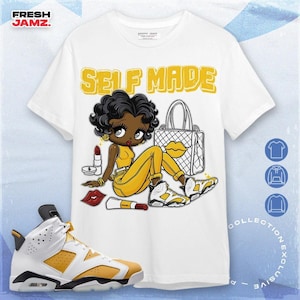 AJ 6 Yellow Ochre Gold White Black T Shirt Match Sneaker Girl Selfmade