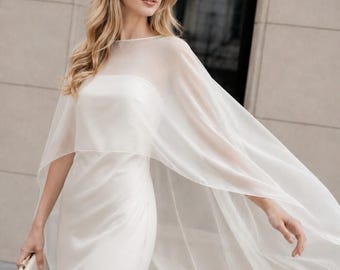 White Silk Maxi Dress with Sheer Chiffon Cape, Elegant Bridal Gown, Minimalist Wedding and Formal Evening Dress