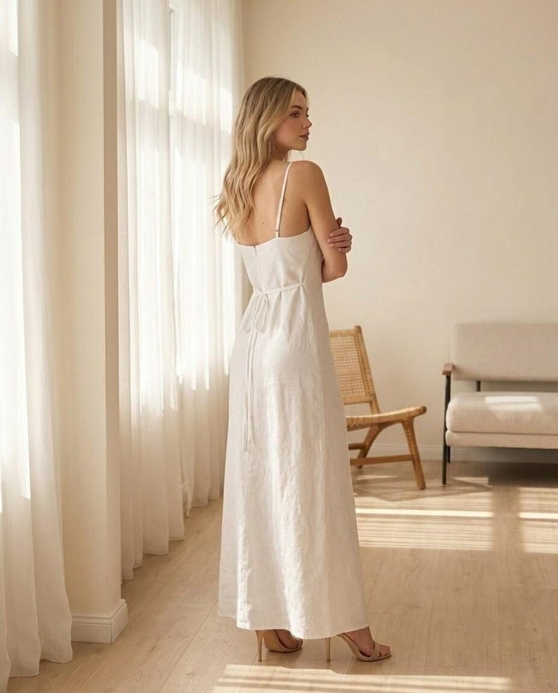 Linen Slip Maxi Dress, Spaghetti Strap Fitted Dress, Minimal Summer Bridal Dress for Beach Wedding Vacation image 4