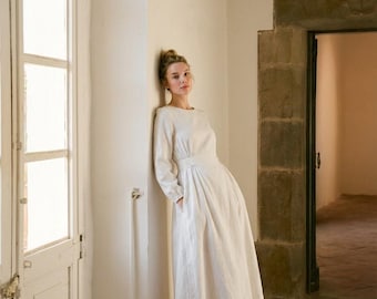 Natural Linen Dress, Long Sleeve Maxi Dress, Bow Back Waist Dress, Minimalist Linen Outfit, Feminine Summer Occasion Dress